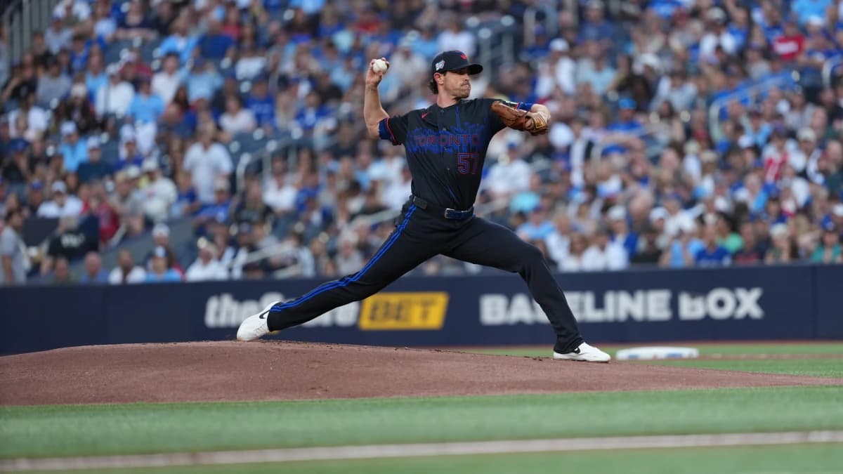 Toronto Blue Jays start pitcher Shane Bieber (57) throws a pitch against the New York Yankees during the first inning at Rogers Centre.