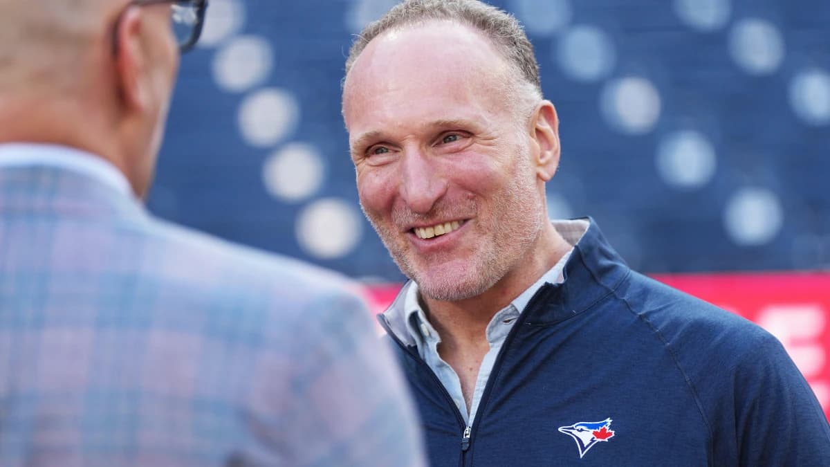 Toronto Blue Jays president and chief executive officer Mark Shapiro speaks with the media during batting practice before a game against the Baltimore Orioles at Rogers Centre.