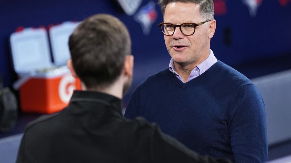 Toronto Blue Jays Executive Vice President Baseball Operations General Manager Ross Atkins speaks to the media during batting practice against the New York Yankees at Rogers Centre