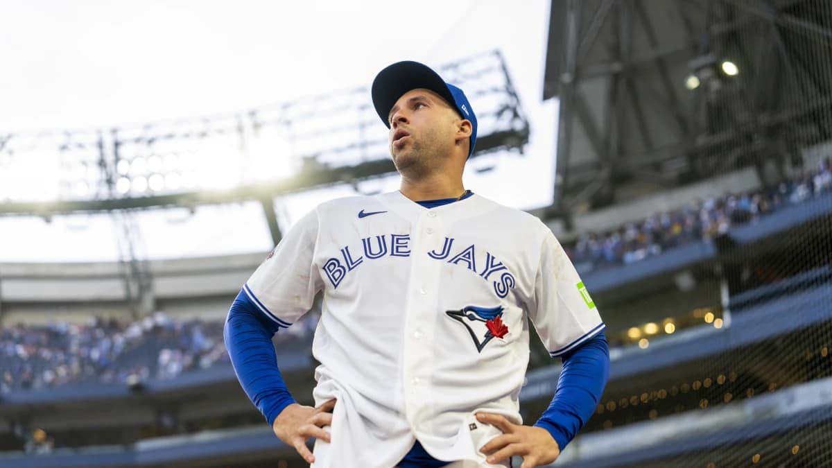 Toronto Blue Jays designated hitter George Springer (4) takes a moment after playing his final MLB game against the Cincinnati Reds at Rogers Centre.