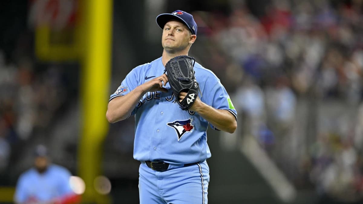 Toronto Blue Jays relief pitcher Paul Sewald (43) walks off the field after hs pitches against the Texas Rangers during the sixth inning at Globe Life Field.