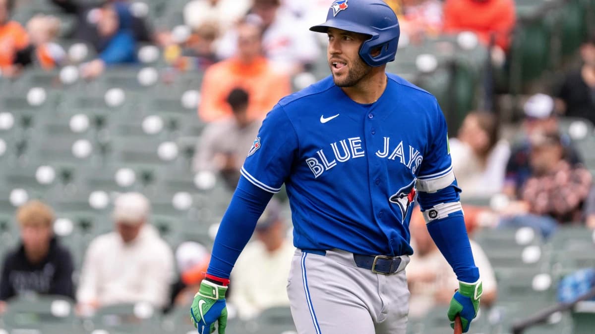 Toronto Blue Jays designated hitter George Springer (4) reacts after striking out during the fourth inning at Oriole Park at Camden Yards