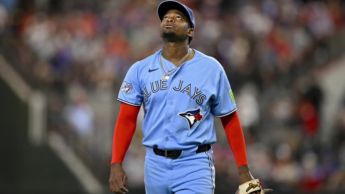 Toronto Blue Jays pitcher Jose Soriano (40) walks off the field after he pitches against the Texas Rangers during the first inning at Globe Life Field.