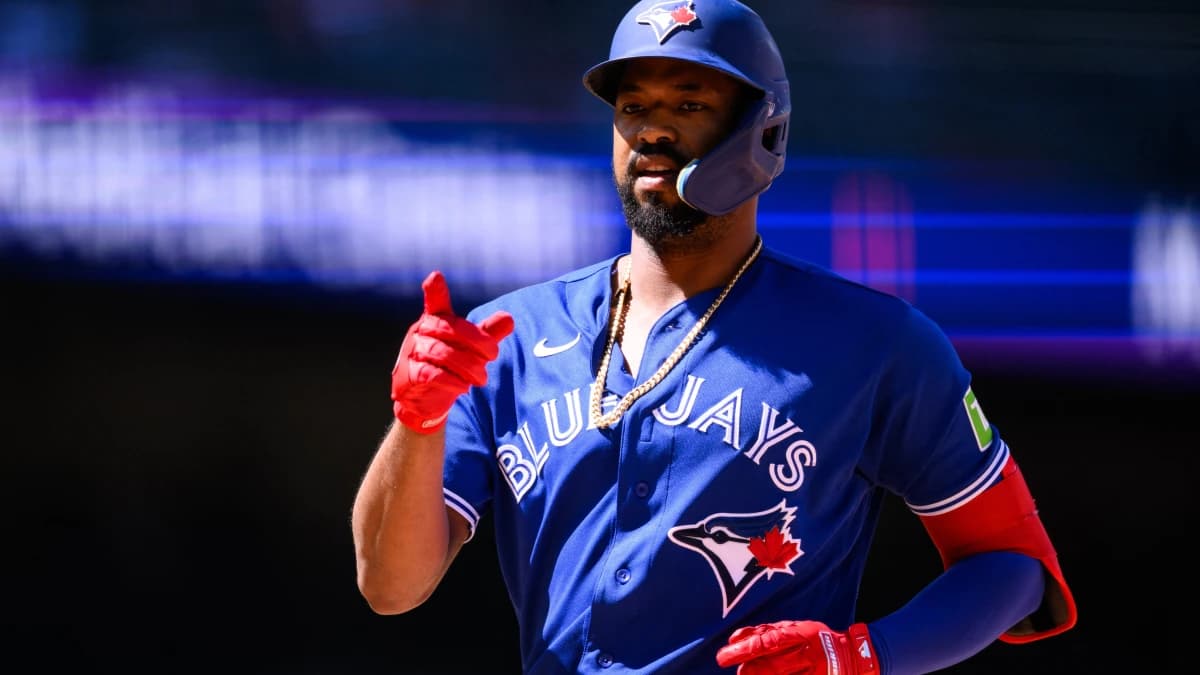 Toronto Blue Jays outfielder Eloy Jiménez (74) gestures after hitting a single during the ninth inning against the Los Angeles Angels at Angel Stadium