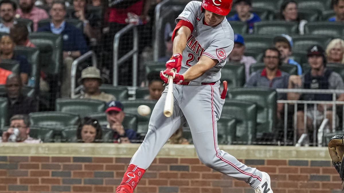 Cincinnati Reds left fielder JJ Bleday (22) hits a single against the Atlanta Braves during the second inning at Truist Park.