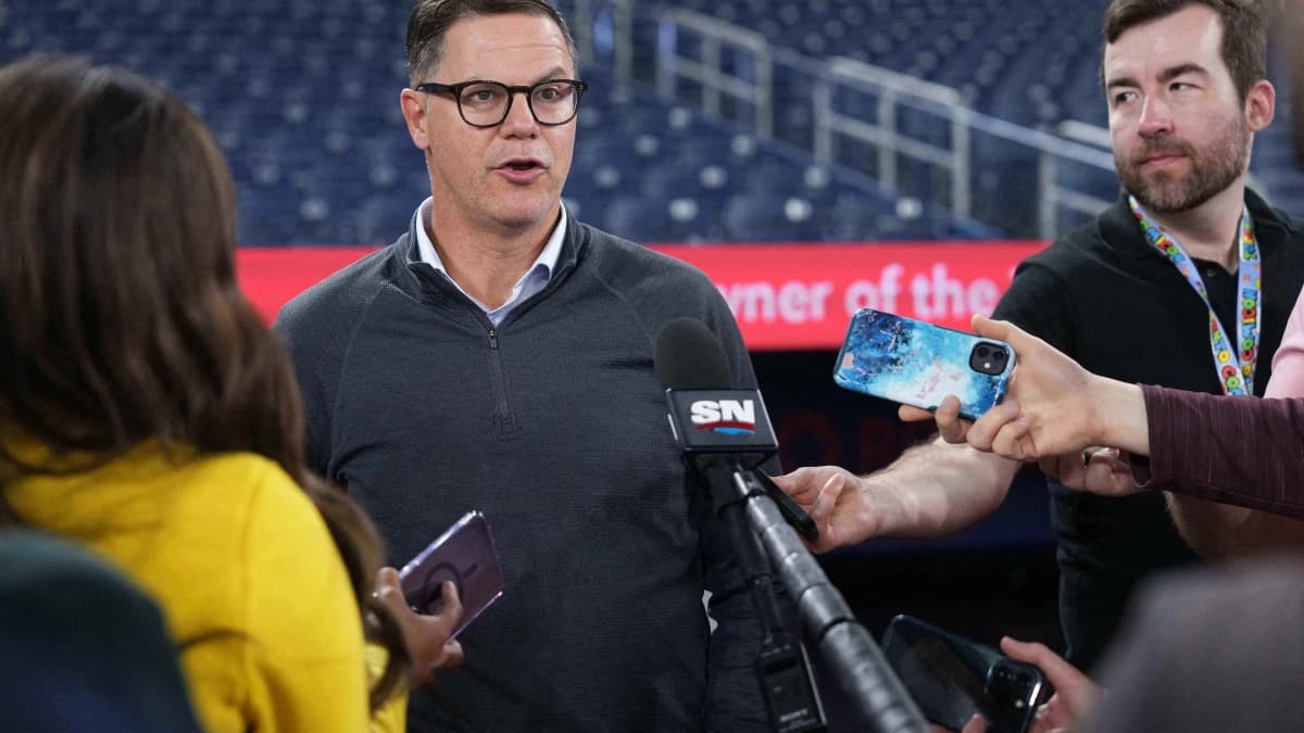 Toronto Blue Jays general manager Ross Atkins addresses the media before a game against the Tampa Bay Rays at Rogers Centre.