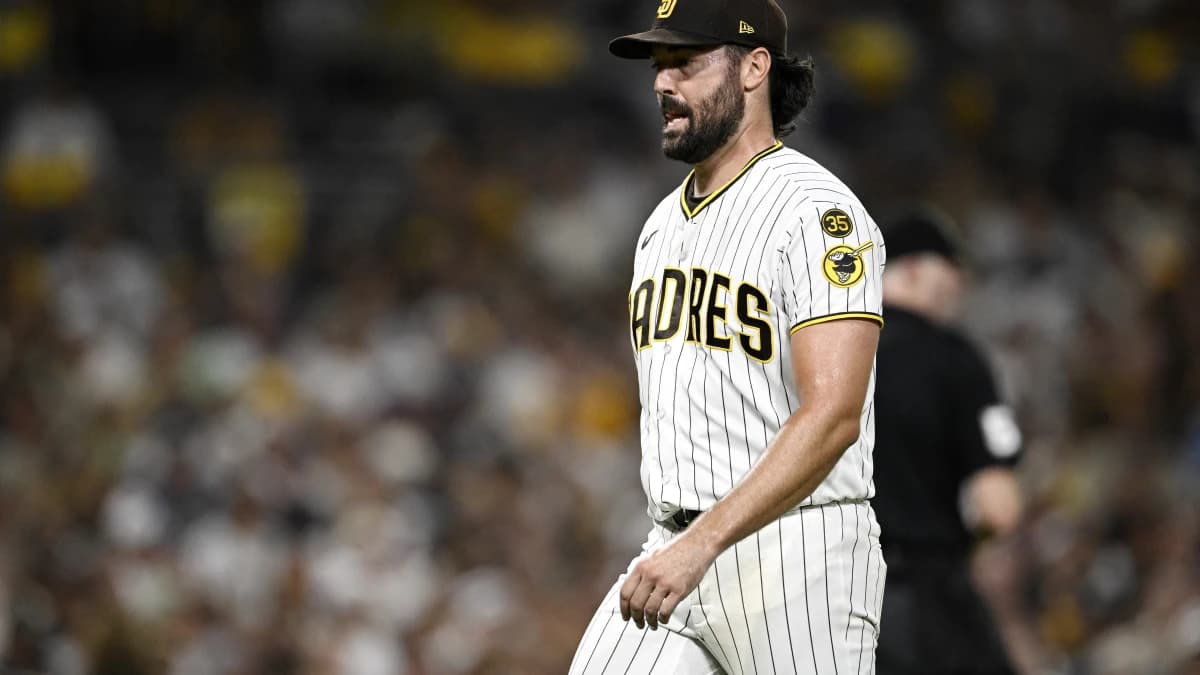 San Diego Padres pitcher Robbie Ray (38) leaves the game during the fifth inning against the Milwaukee Brewers in game four of the NLDS for the 2026 MLB Playoffs at Petco Park.