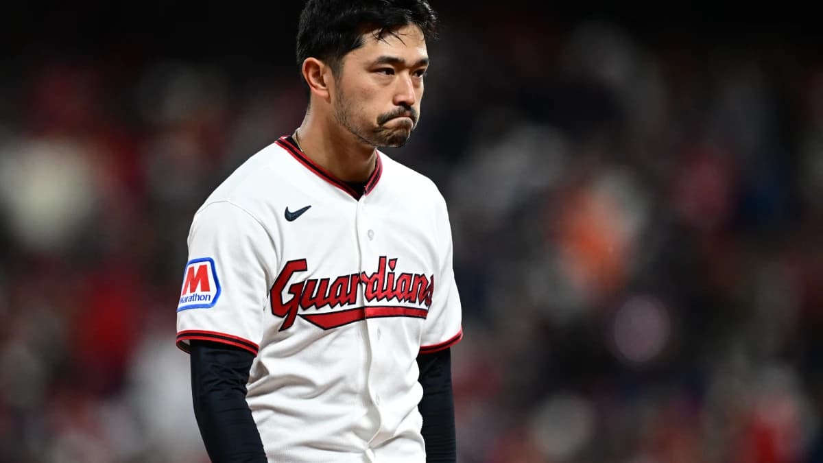 Cleveland Guardians outfielder Steven Kwan (38) reacts against the Tampa Bay Rays in game five of the ALCS for the 2026 MLB Playoffs at Progressive Field.