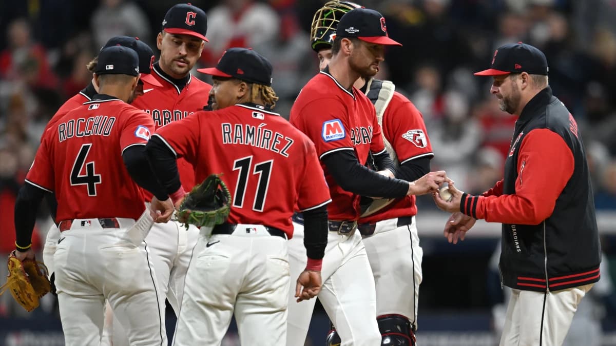 Cleveland Guardians manager Stephen Vogt (12) takes the ball from pitcher Foster Griffin (22) during the fifth inning against the Tampa Bay Rays in game four of the ALCS for the 2026 MLB Playoffs at Progressive Field.