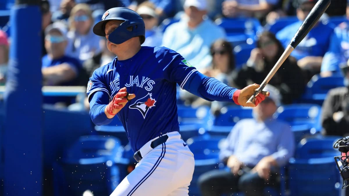 Toronto Blue Jays infielder Josh Kasevich (86) singles during the second inning against the New York Yankees at TD Ballpark.