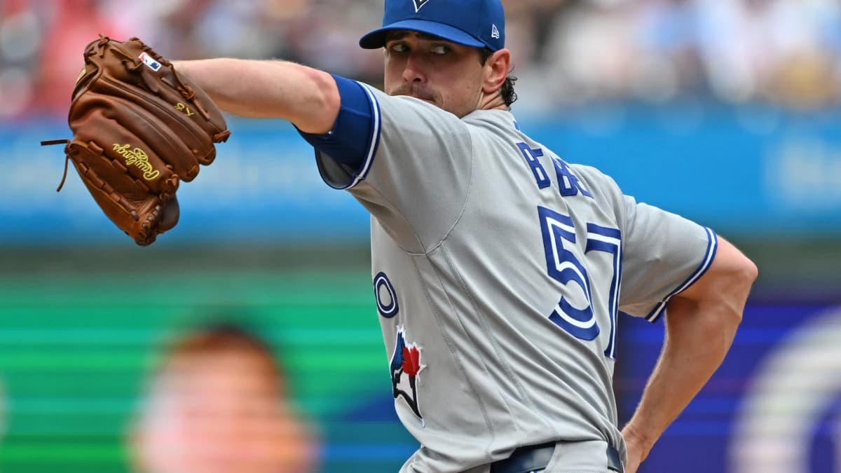 Toronto Blue Jays pitcher Shane Bieber (57) throws a pitch during the first inning against the Philadelphia Phillies at Citizens Bank Park.