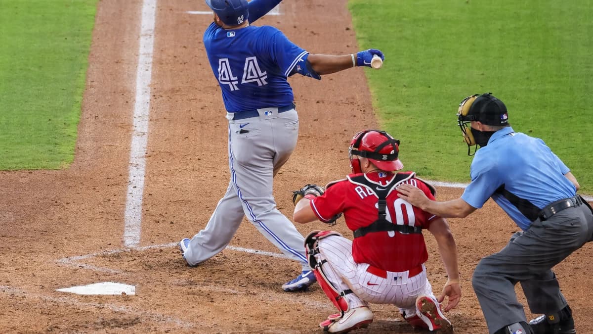Toronto Blue Jays designated hitter Rowdy Tellez (44) hits a home run during the fourth inning against the Philadelphia Phillies at BayCare Ballpark