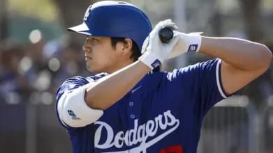 Pitcher Shohei Ohtani at bat for the Dodgers.