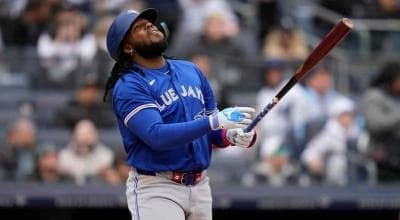 Toronto Blue Jays Vlad Guerrero Jr popping out in the infield.