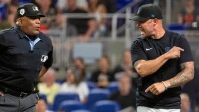 Marlins Manager Skip Schumaker gets ejected after arguing balls and strikes.