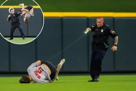 Fan gets tased after storming the field at a Cincinnati Reds/Cleveland guardians game.