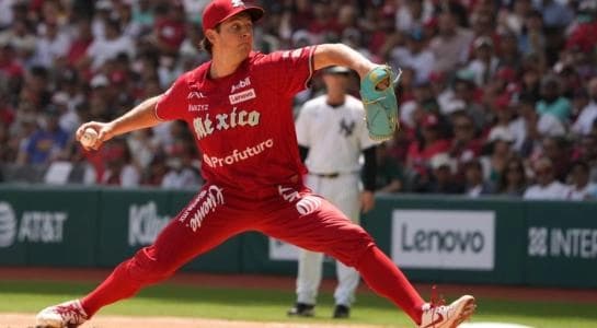 Trevor Bauer pitching for the Diablos Rojos del México