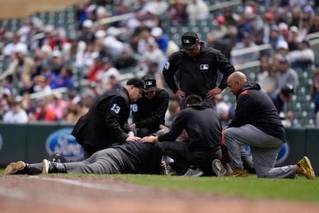 Scary moment as umpire Hunter Wendelstedt takes line-drive to the head #bluejays #mlb #mets