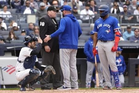 Blue Jays Vladimir Guerrero Jr snap on home plate umpire #bluejays #mlb