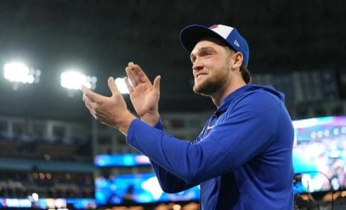 Toronto Blue Jays pitcher Trey Yesavage (39) celebrates after winning game two of the ALDS against the New York Yankees for the 2025 MLB playoffs at Rogers Centre