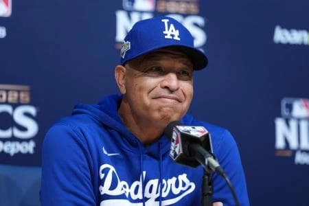 Los Angeles Dodgers manager Dave Roberts (30) speaks in a press conference before game four against the Milwaukee Brewers in the NLCS round for the 2025 MLB playoffs at Dodger Stadium.