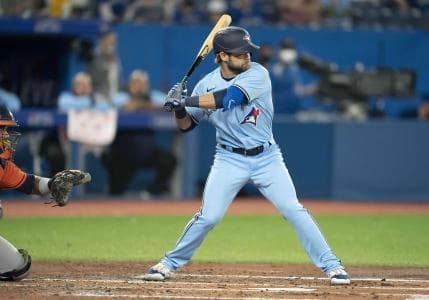 Toronto Blue Jays left fielder Vinny Capra (44) gets ready for a pitch in his major league debut during the third inning against the Houston Astros at Rogers Centre.