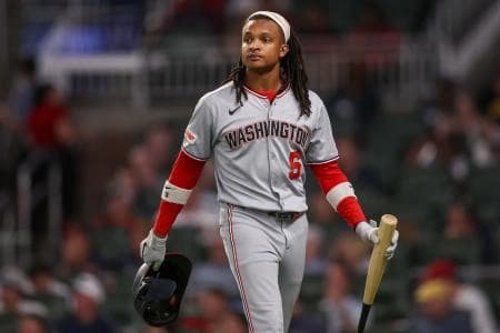 Washington Nationals designated hitter CJ Abrams (5) reacts after a strikeout against the Atlanta Braves in the fifth inning at Truist Park.