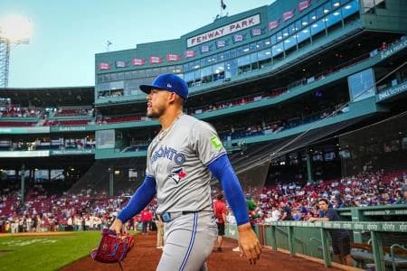 Toronto Blue Jays starting pitcher Jose Berrios (17) makes his way to the bullpen before the start of the game against the Boston Red Sox at Fenway Park.