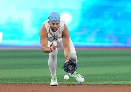 Toronto Blue Jays shortstop Bo Bichette (11) fields the ball during batting practice before a game against the New York Yankees at Rogers Centre.