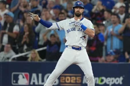 Toronto Blue Jays right fielder Nathan Lukes (38) celebrates after a single in the first inning against the Seattle Mariners during game six of the ALCS round for the 2025 MLB playoffs at Rogers Centre.