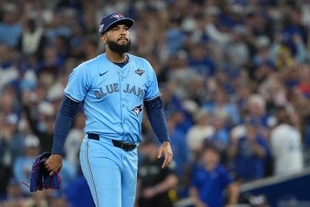 Toronto Blue Jays pitcher Seranthony Dominguez (48) reacts after getting a strike out against the Los Angeles Dodgers in the eighth inning for game six of the 2025 MLB World Series at Rogers Centre.