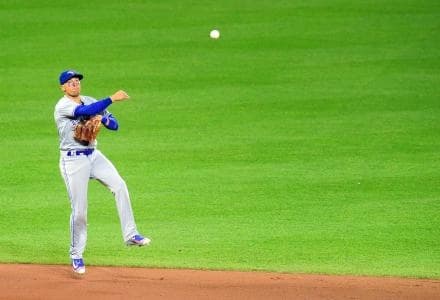 Toronto Blue Jays shortstop Ryan Goins (17) throws the ball to first base in the fifth inning against the Baltimore Orioles at Oriole Park at Camden Yards.