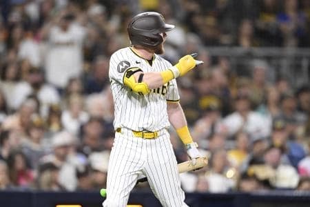 San Diego Padres second baseman Jake Cronenworth (9) reacts after a called stirke out during the eighth inning against the Milwaukee Brewers at Petco Park.