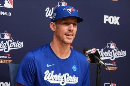 Toronto Blue Jays pitcher Chris Bassitt (40) speaks in a press conference before game five of the 2025 MLB World Series against the Los Angeles Dodgers at Dodger Stadium.