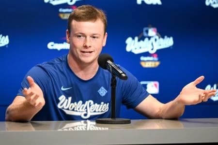 Toronto Blue Jays pitcher Louis Varland (77) speaks to the media prior to game two of the 2025 MLB World Series against the Los Angeles Dodgers at Rogers Centre