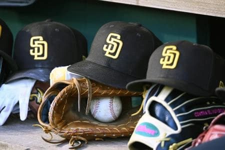 San Diego Padres hats in the dugout during the game against the Washington Nationals at Nationals Park.