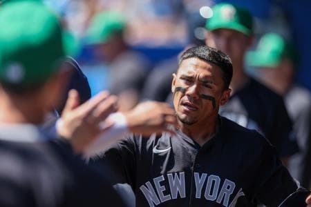 New York Yankees outfielder Ismael Munguia (94) celebrates after scoring a run against the Toronto Blue Jays in the third inning during spring training at TD Ballpark.