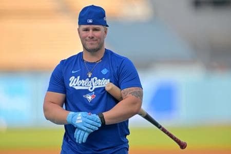 Toronto Blue Jays outfielder Ty France (2) takes batting practice during World Series workouts prior to game 3 against the Los Angeles Dodgers at Dodger Stadium.