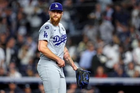 Los Angeles Dodgers pitcher Michael Kopech (45) reacts during the fifth inning against the New York Yankees in game four of the 2024 MLB World Series at Yankee Stadium.