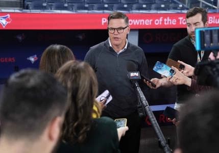 Toronto Blue Jays general manager Ross Atkins addresses the media before a game against the Tampa Bay Rays at Rogers Centre.