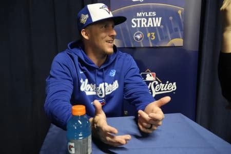Toronto Blue Jays center fielder Myles Straw (3) answers a question during media day before game one of the World Series at Rogers Centre.