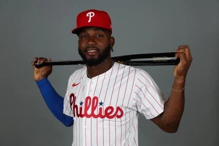 Philadelphia Phillies infielder Rodolfo Castro (29) participates in media day at BayCare Ballpark