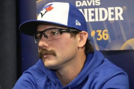 Toronto Blue Jays left fielder Davis Schneider (36) during media day before game one of the World Series at Rogers Centre.