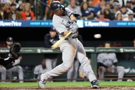 New York Yankees first baseman Paul Goldschmidt (48) hits a single during the eighth inning against the Baltimore Orioles at Oriole Park at Camden Yards.