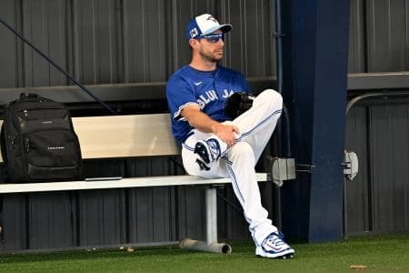Toronto Blue Jays pitcher Max Scherzer (31) waits for his chance to warm up during spring training at Cecil B. Englebert Complex.
