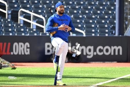Toronto Blue Jays outfielder Anthony Santander (25) waits his turn at batting practice during workouts at Rogers Centre.