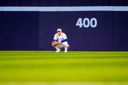 Toronto Blue Jays outfielder Daulton Varsho (5) looks on against the Detroit Tigers at Rogers Centre.
