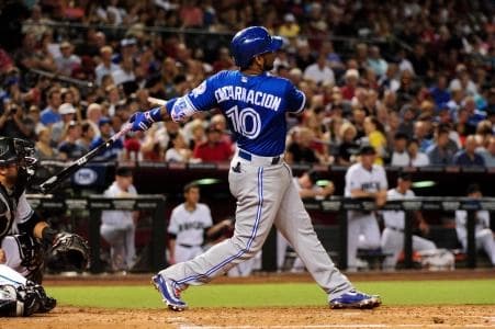 Toronto Blue Jays designated hitter Edwin Encarnacion (10) hits a three run home run against the Arizona Diamondbacks in the third inning at Chase Field.