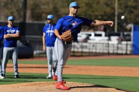 Toronto Blue Jays pitcher Mason Fluharty (68) works out during spring training practice at Player Development Complex.