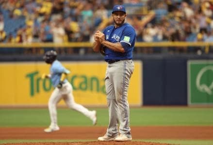 Toronto Blue Jays relief pitcher Yimi Garcia (93) reacts after giving up a two-run home run to Tampa Bay Rays third baseman Isaac Paredes (17) during the seventh inning at Tropicana Field.